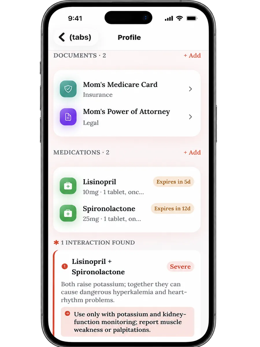 Interaction alerts — a severe drug interaction flagged